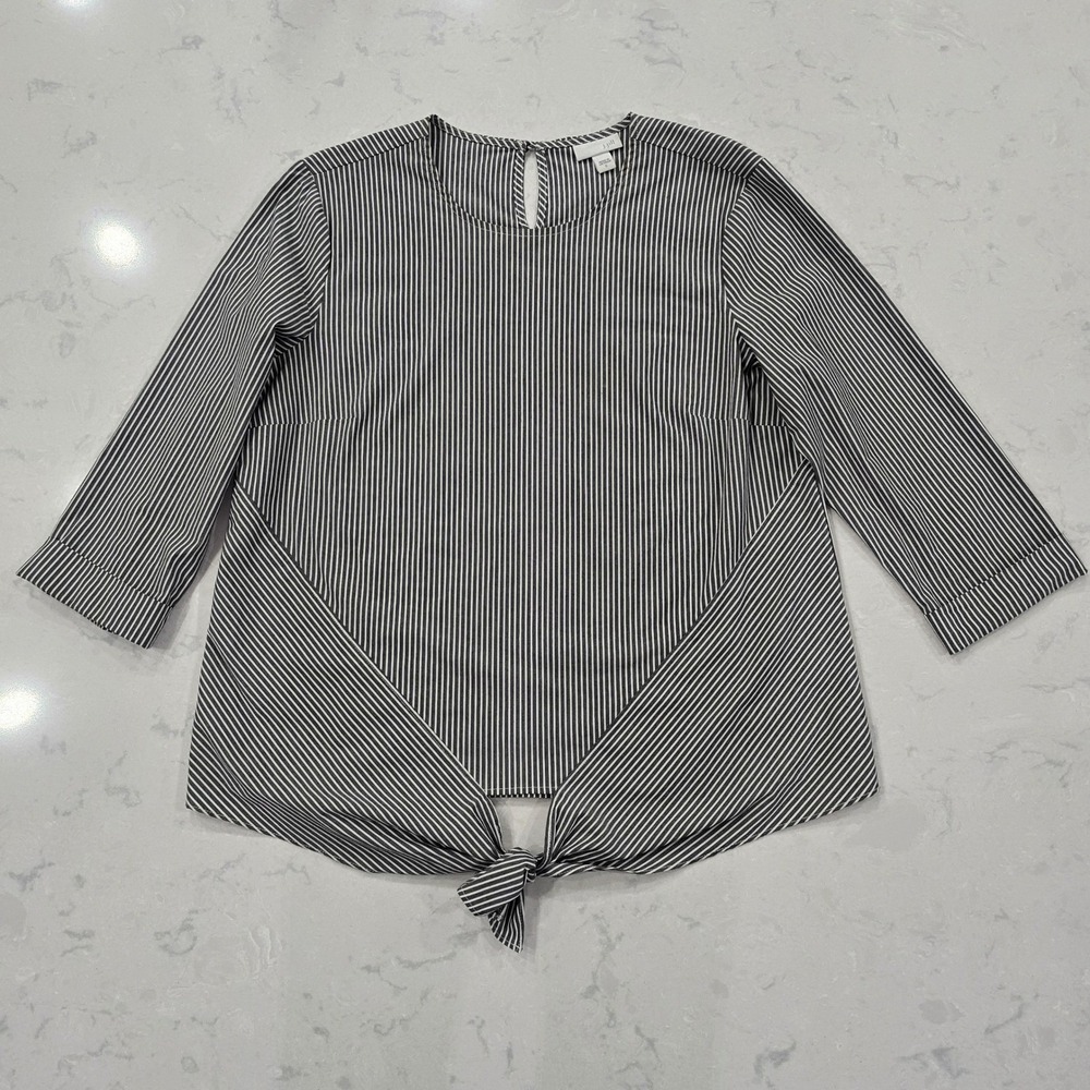 J. Jill Womens S Black White Striped Tie Front Blouse 3/4 Sleeve Classic Chic